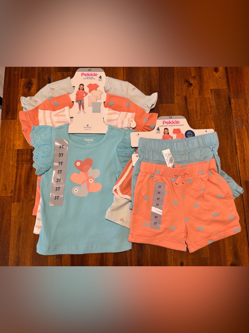 NWT Pekkle Girls 8-Piece Coral & Aqua T-Shirt and Shorts, Mix and Match Set - 3T